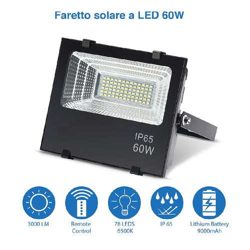 Faro Esterno LED 60W Ricarica Solare Telecomando Crepuscolare Dimmerabile Timer