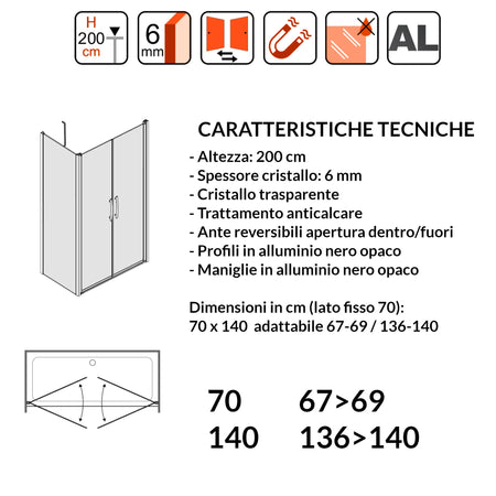 Porta Doccia Saloon cristallo trasparente 6mm H200cm con lato fisso profili nero MYLAS