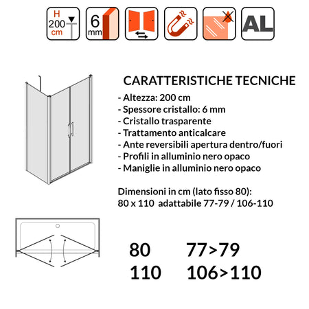 Porta Doccia Saloon cristallo trasparente 6mm H200cm con lato fisso profili nero MYLAS