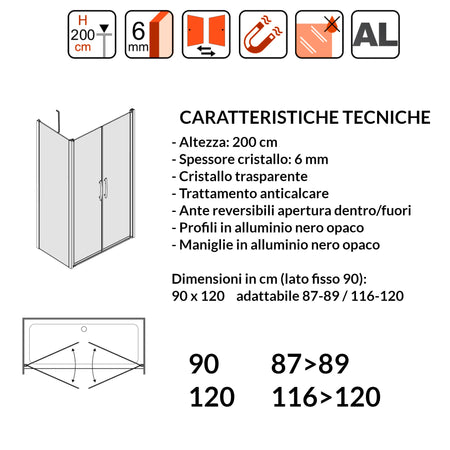 Porta Doccia Saloon cristallo trasparente 6mm H200cm con lato fisso profili nero MYLAS