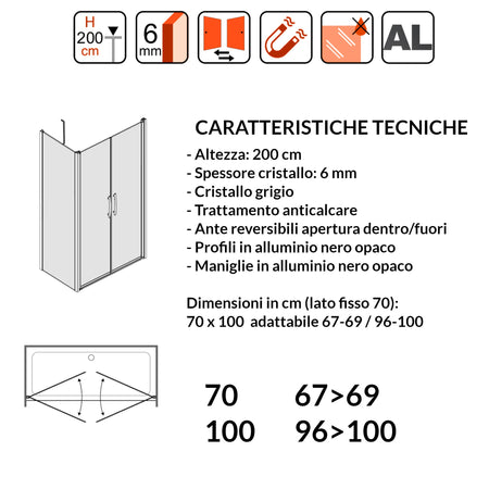 Porta Doccia Saloon cristallo grigio 6mm H200cm con lato fisso profili nero MYLAS