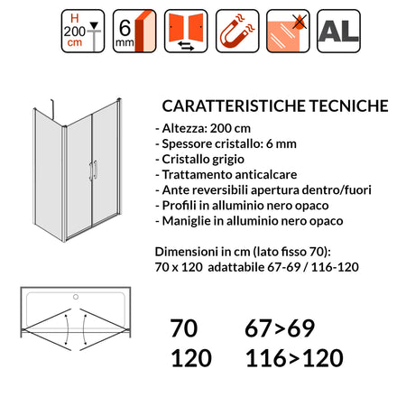 Porta Doccia Saloon cristallo grigio 6mm H200cm con lato fisso profili nero MYLAS