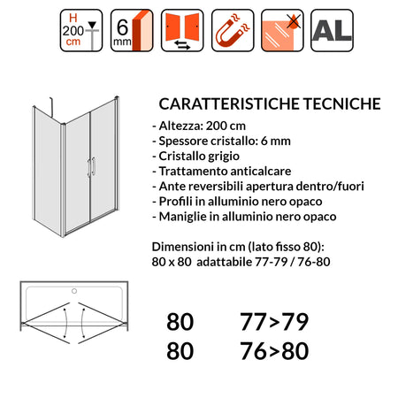 Porta Doccia Saloon cristallo grigio 6mm H200cm con lato fisso profili nero MYLAS