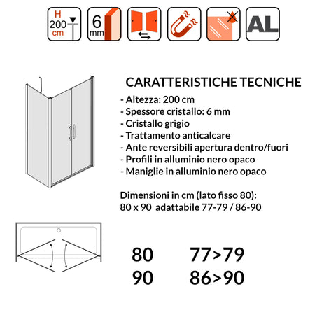 Porta Doccia Saloon cristallo grigio 6mm H200cm con lato fisso profili nero MYLAS