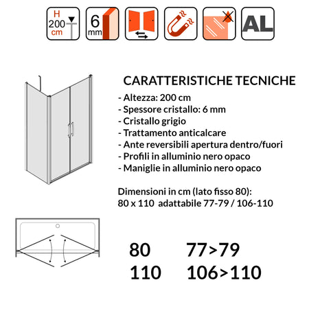 Porta Doccia Saloon cristallo grigio 6mm H200cm con lato fisso profili nero MYLAS