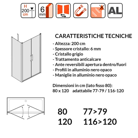 Porta Doccia Saloon cristallo grigio 6mm H200cm con lato fisso profili nero MYLAS