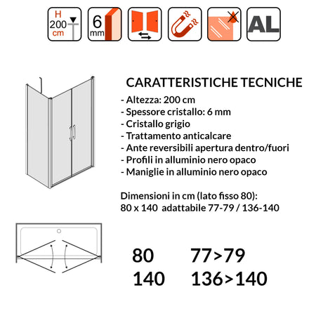 Porta Doccia Saloon cristallo grigio 6mm H200cm con lato fisso profili nero MYLAS