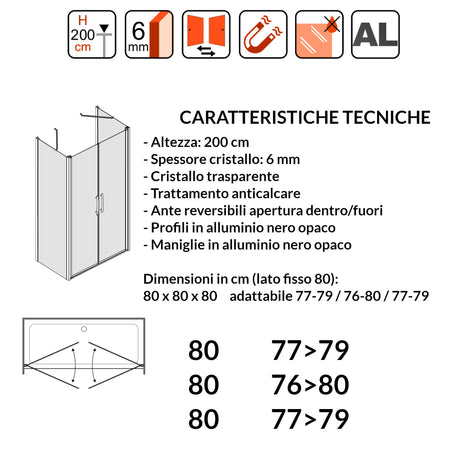 Porta Doccia Saloon cristallo trasparente 6mm H200cm con 2 lati fissi profili nero MYLAS