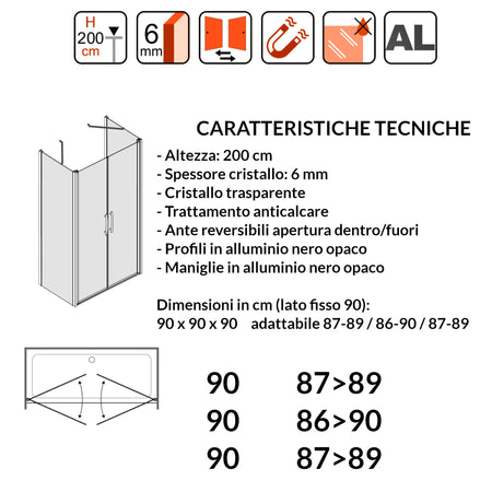Porta Doccia Saloon cristallo trasparente 6mm H200cm con 2 lati fissi profili nero MYLAS