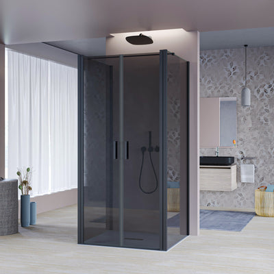 Porta Doccia Saloon cristallo grigio 6mm H200cm con 2 lati fissi profili nero MYLAS