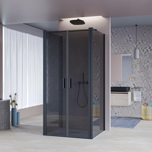 Porta Doccia Saloon cristallo grigio 6mm H200cm con 2 lati fissi profili nero MYLAS