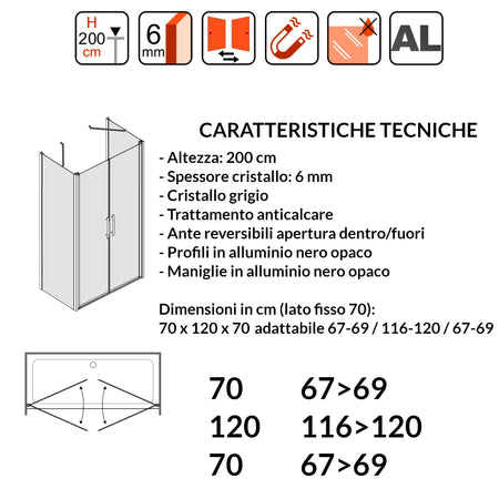 Porta Doccia Saloon cristallo grigio 6mm H200cm con 2 lati fissi profili nero MYLAS