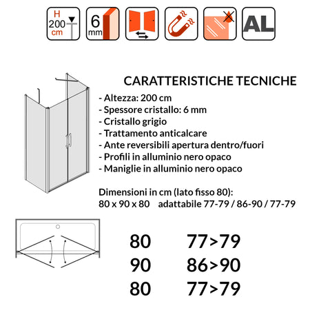 Porta Doccia Saloon cristallo grigio 6mm H200cm con 2 lati fissi profili nero MYLAS