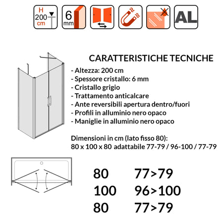 Porta Doccia Saloon cristallo grigio 6mm H200cm con 2 lati fissi profili nero MYLAS