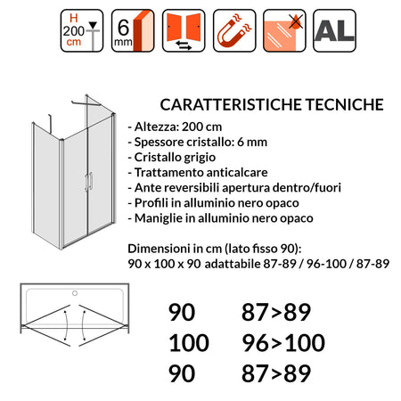 Porta Doccia Saloon cristallo grigio 6mm H200cm con 2 lati fissi profili nero MYLAS