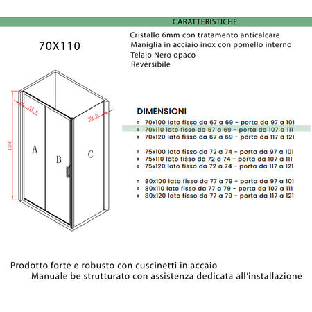 Box doccia tre lati porta scorrevole profili neri H195 6mm AGATA