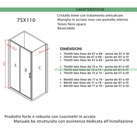Box doccia tre lati porta scorrevole profili neri H195 6mm AGATA