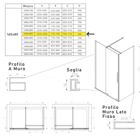 Box doccia due lati anta scorrevole senza profili 8mm H200 BRENTA