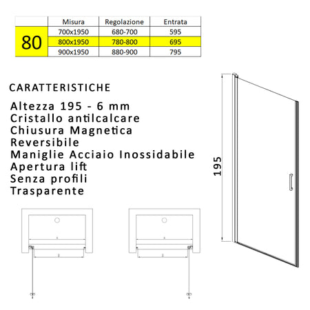 Porta doccia battente nicchia 6mm h195 anticalcare SALEMA