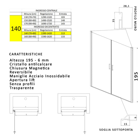 Porta doccia apertura saloon nicchia battente 6 mm h195 anticalcare SALEMA