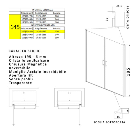 Porta doccia apertura saloon nicchia battente 6 mm h195 anticalcare SALEMA
