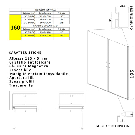 Porta doccia apertura saloon nicchia battente 6 mm h195 anticalcare SALEMA