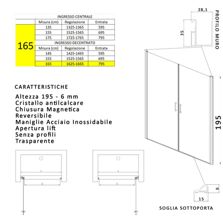 Porta doccia apertura saloon nicchia battente 6 mm h195 anticalcare SALEMA