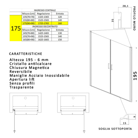 Porta doccia apertura saloon nicchia battente 6 mm h195 anticalcare SALEMA