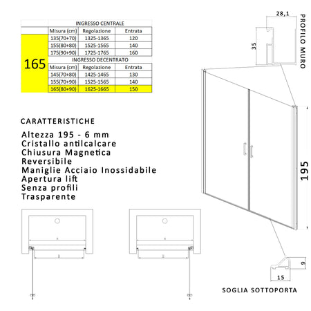 Porta doccia apertura saloon nicchia battente 6 mm h195 anticalcare SALEMA