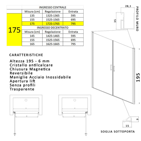 Porta doccia apertura saloon nicchia battente 6 mm h195 anticalcare SALEMA