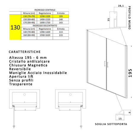 Porta doccia apertura saloon nicchia battente 6 mm h195 anticalcare SALEMA
