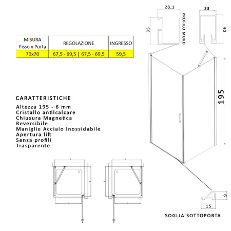 Box doccia angolare con porta battente e lato fisso H195cm 6mm SALEMA