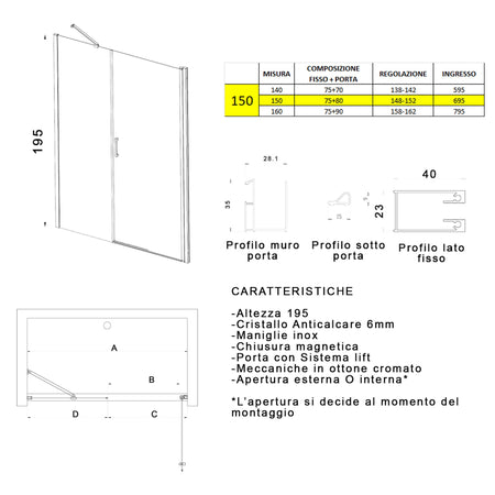 Porta doccia battente 6mm h195 anticalcare SALEMA