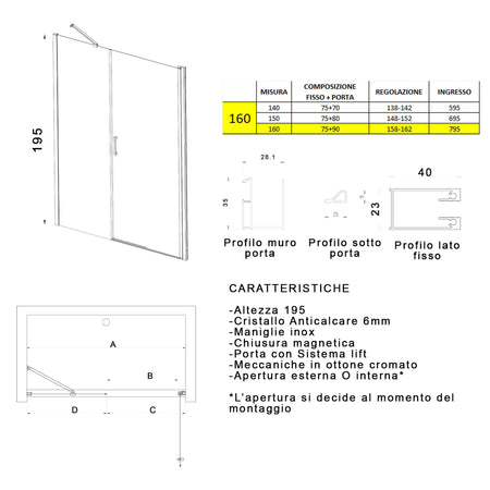 Porta doccia battente 6mm h195 anticalcare SALEMA