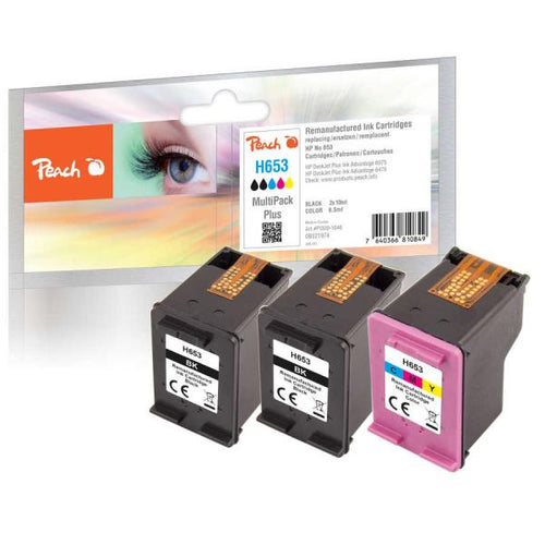 Peach PI300-1046 cartuccia d'inchiostro 3 pz Compatibile Resa standard Nero, Ciano, Magenta, Giallo (Peach Patrone HP No.653 MultiPack Plus)