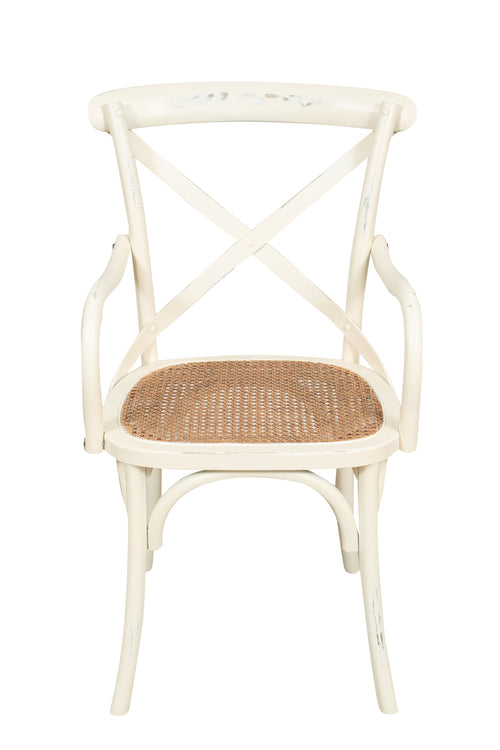 Biscottini Sedia con braccioli Thonet in massello di frassino bianca anticata e seduta in paglia di Vienna