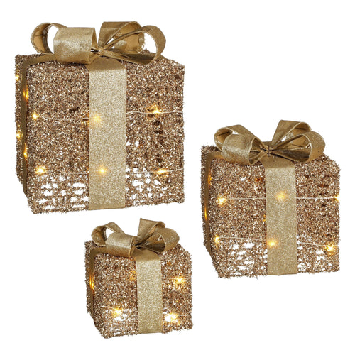 Pacchi regalo color oro con  20 led per decorazioni natalizie, Set.3