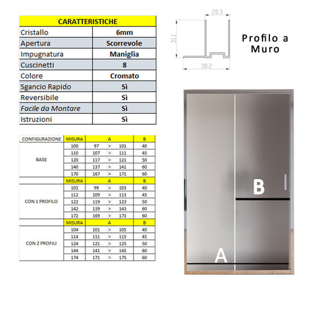 Porta doccia scorrevole ingresso centrale opaca 6mm H195 AGATA