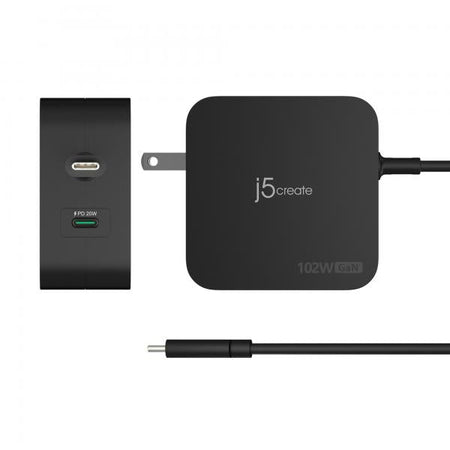 j5create Caricatore GaN PD USB-C a 2 porte da 102 W con spine CA intercambiabili (102W GAN PD USB-C 2-PORT - CHARGER CHANGEABLE AC PLUGS)