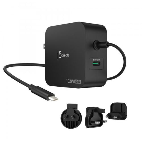 j5create Caricatore GaN PD USB-C a 2 porte da 102 W con spine CA intercambiabili (102W GAN PD USB-C 2-PORT - CHARGER CHANGEABLE AC PLUGS)