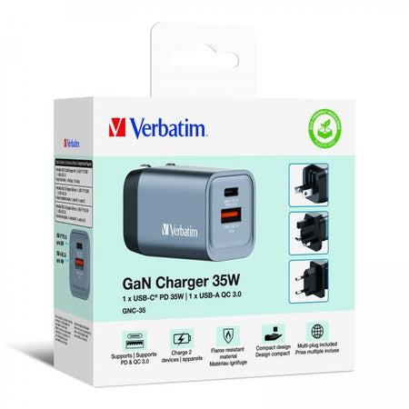 VERBATIM CARICATORE DA PARETE GNC-35 GAN CHARGER 2 PORT 35W USB A/C (EU/UK/US)