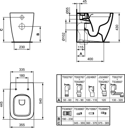 Wc filo muro LIFE B Ideal standard traslato T458101