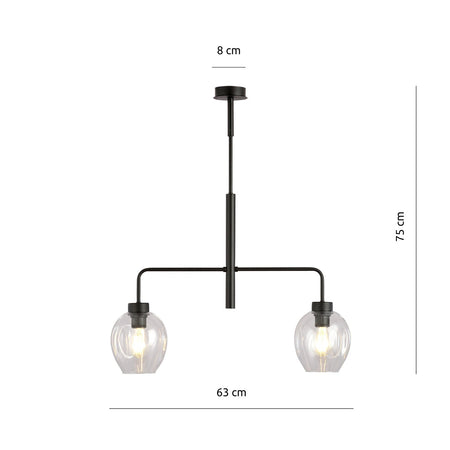 Lampadario Moderno 2 Luci Lukka In Accaio Nero E Vetro Trasparente