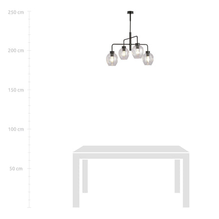 Lampadario Moderno 4 Luci Lukka In Accaio Nero E Vetro Trasparente
