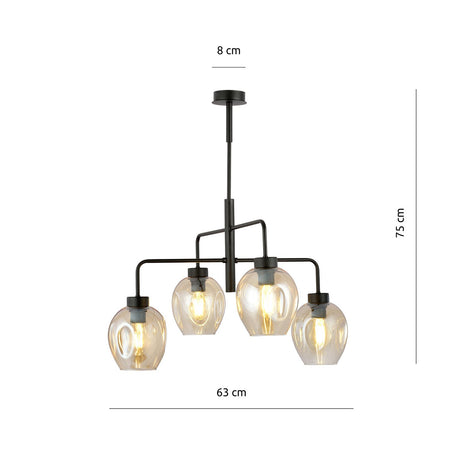 Lampadario Moderno 4 Luci Lukka In Accaio Nero E Vetro Ambra