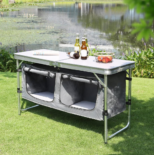 Tavolo Campeggio Multifunzione In Alluminio Pieghevole 120x47 H 61/69cm Salvaspazio