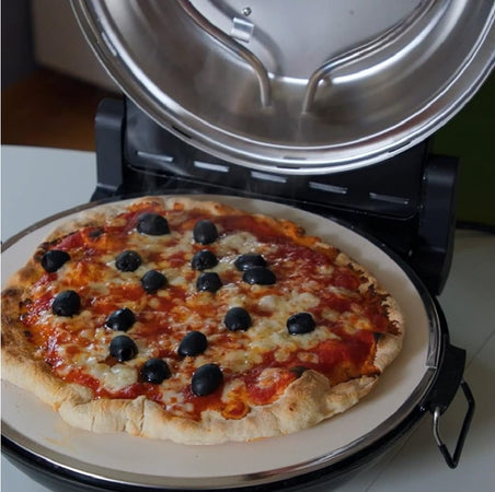 Forno per Pizza Pietra Refrattaria 1200W Timer Termostato 2Palette in Legno Nero