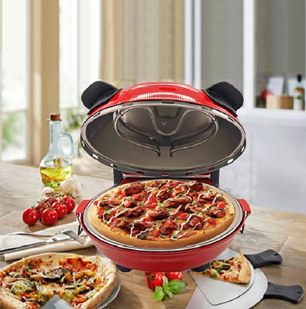 Forno per Pizza Pietra Refrattaria 1200W Timer Termostato 2Palette in Legno Rosso