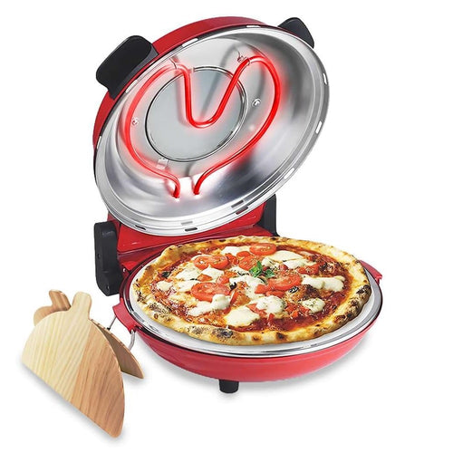 Forno per Pizza Pietra Refrattaria 1200W Timer Termostato 2Palette in Legno Rosso