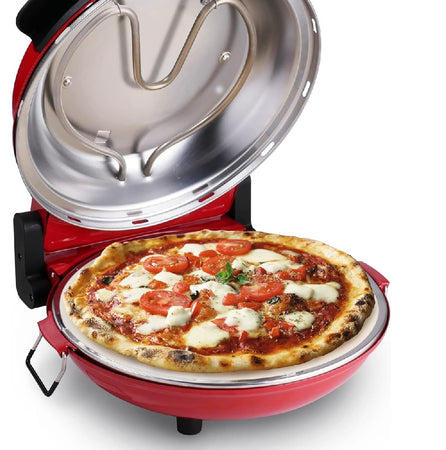 Forno per Pizza Pietra Refrattaria 1200W Timer Termostato 2Palette in Legno Rosso